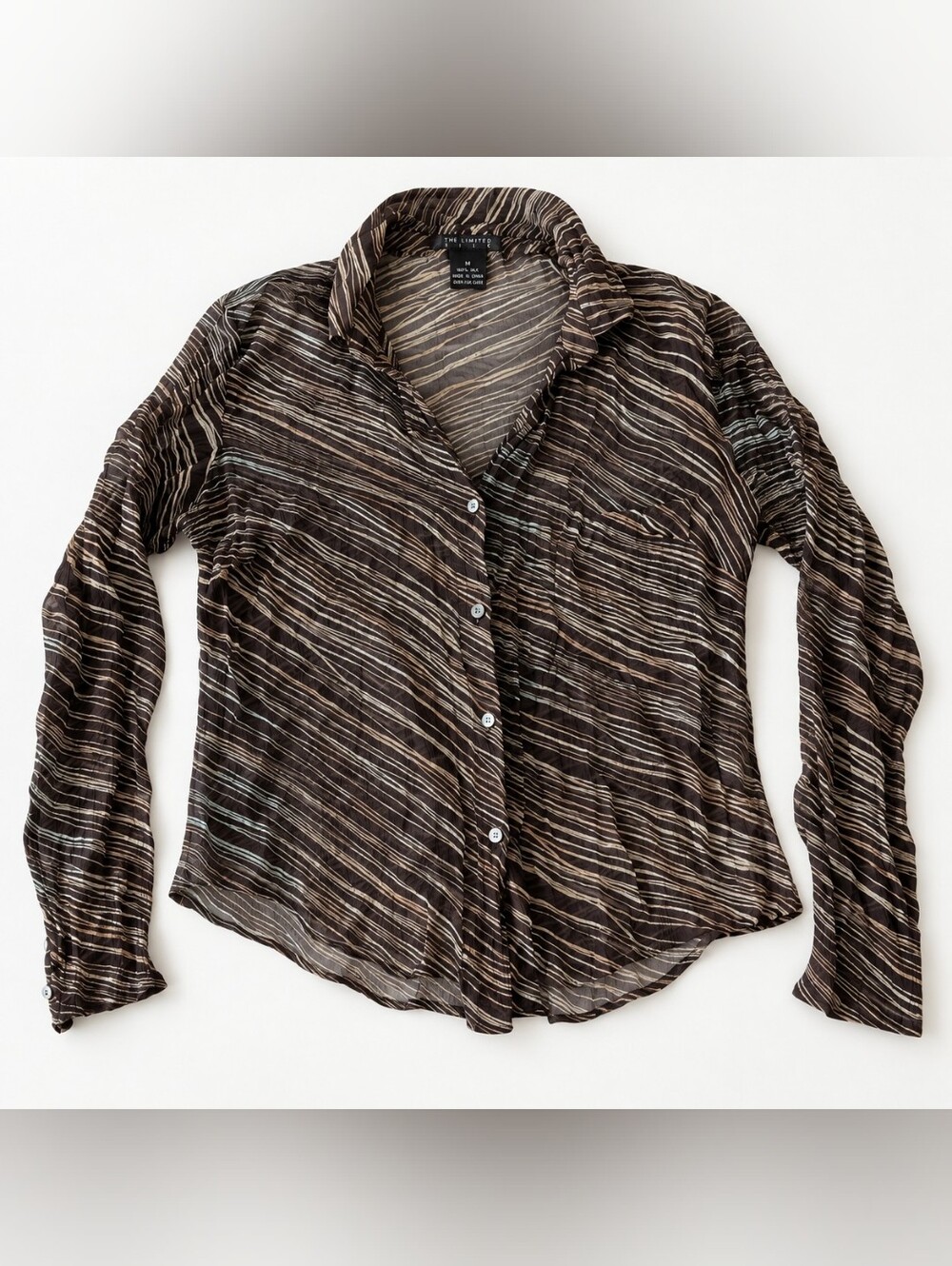 The Limited 100% Silk Sheer Brown Abstract Stripe Button Down Blouse Size M
